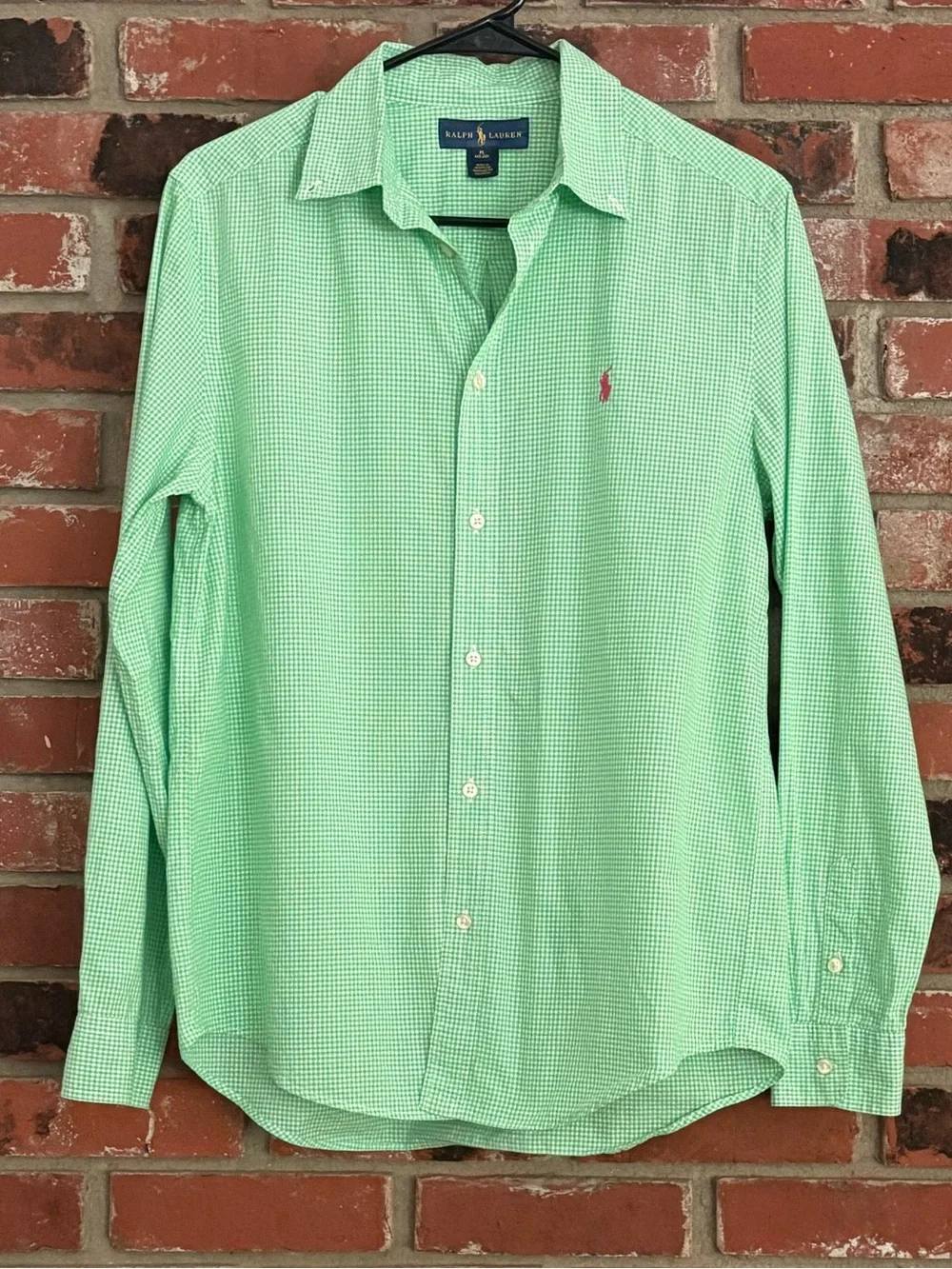Ralph Lauren Youth Green Gingham Button Down Pink Pony Logo Dress Shirt Sz XL